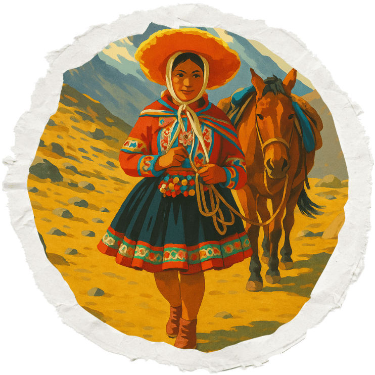 Illustration d’une femme andine en tenue traditionnelle marchant avec son cheval dans les montagnes du Pérou.
