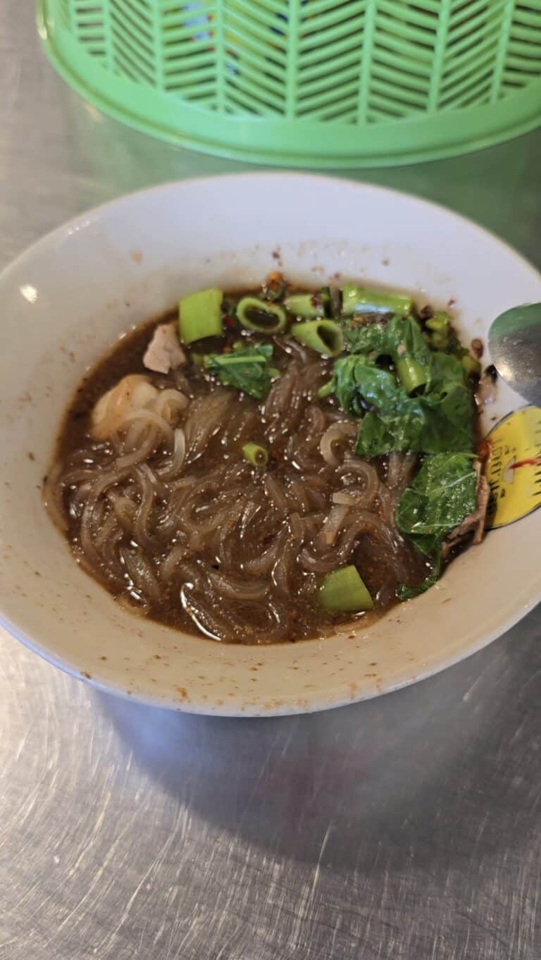 Bol de soupe bateau thaïlandaise d’Ayutthaya, avec nouilles de riz, légumes verts et bouillon brun riche en épices.