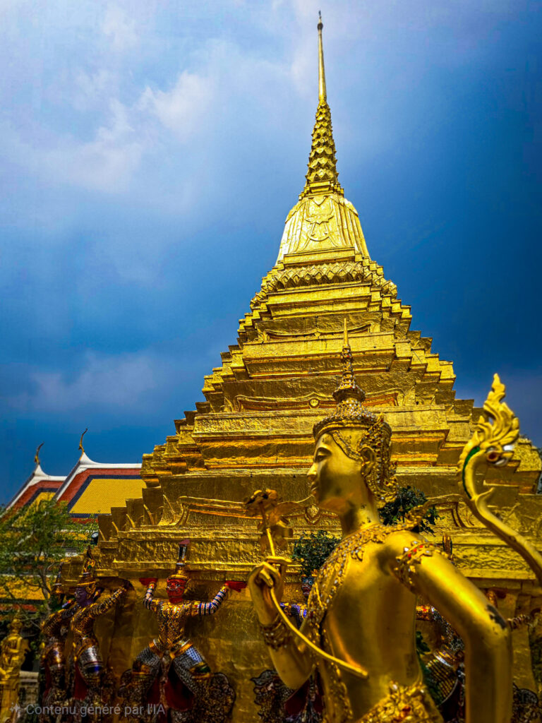 Stupa doré du Grand Palais à Bangkok, entouré de statues dorées et de démons gardiens.