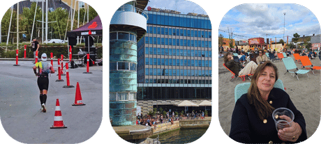 Trois scènes de vie à Copenhague : coureur lors d'un événement sportif urbain, immeuble moderne au bord de l'eau, et moment de détente sur une plage urbaine