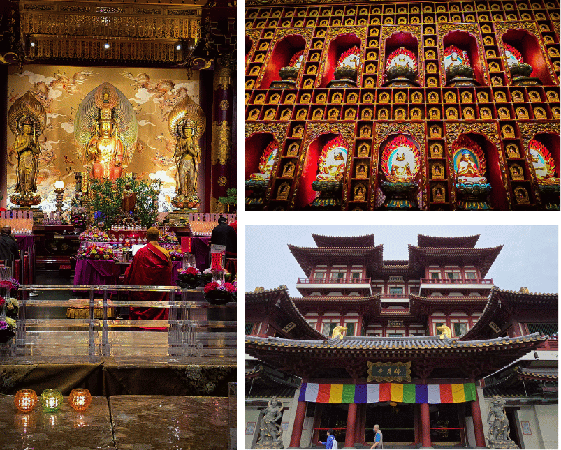 Autel doré intérieur, niches à bouddhas dorées, et façade du Buddha Tooth Relic Temple, Chinatown, Singapour