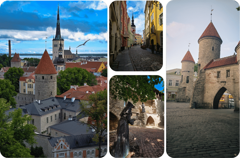 vue aérienne de la vieille ville de Tallinn avec tours rondes à toits rouges pointus, flèche de l'église Saint-Olaf et toits de tuiles orangées à perte de vue, ruelle pavée bordée de façades colorées rouge et jaune menant à un clocher, statue en bronze d'un moine encapuchonné dans une ruelle pavée sous un arbre, et porte de Viru avec ses deux tours coniques à toits rouges donnant sur une place pavée