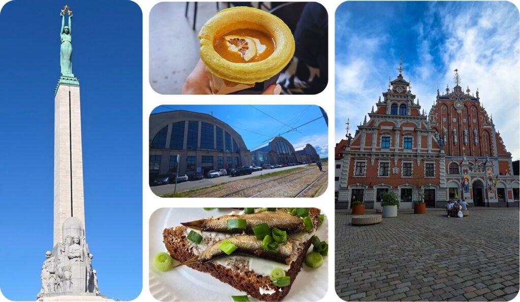 photos : sculpture en bronze de trois animaux empilés devant une église en briques avec flèche, tartines de sprats fumés garnies d'oignon vert sur une assiette, façade du marché couvert de Riga avec verrières et voies de tram, et façade néogothique ornée de la Maison des Têtes Noires sur une place pavée