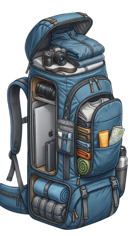 Illustration backpack avec la repartition des affaires