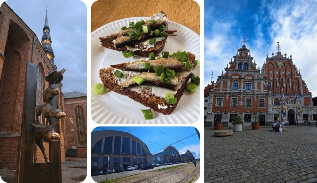 photos : sculpture en bronze de trois animaux empilés devant une église en briques avec flèche, tartines de sprats fumés garnies d'oignon vert sur une assiette, façade du marché couvert de Riga avec verrières et voies de tram, et façade néogothique ornée de la Maison des Têtes Noires sur une place pavée