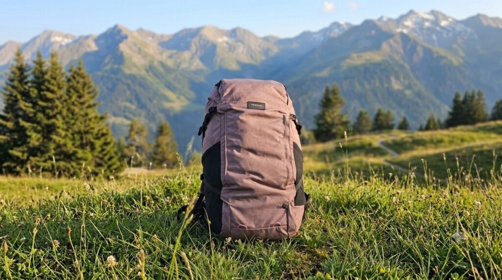 Backpack pose sur l'herbe avec montagnes a l'arriere plan