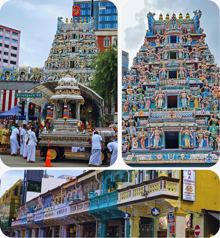 Façade sculptée du temple hindou Sri Veeramakaliamman avec char processionnel, gros plan sur le gopuram coloré, et rue commerçante de Little India, Singapour
