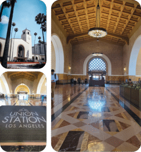 Façade extérieure et hall intérieur d'Union Station, la gare historique de Los Angeles