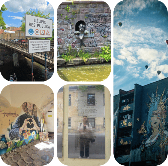 panneau frontalier « Užupio Res Publika », statue de sirène en pierre dans le canal, montgolfières au-dessus d'une fresque murale, fresque colorée dans un passage, et la constitution d'Užupis affichée dans une rue de Vilnius