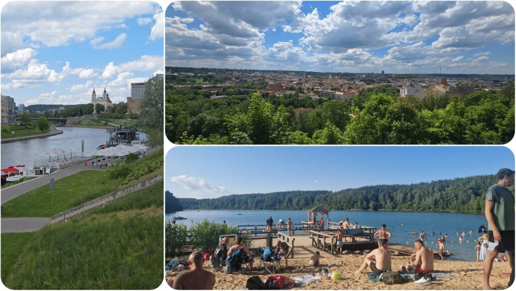 quais aménagés le long de la rivière Neris à Vilnius, vue panoramique sur la vieille ville depuis la colline aux Trois Croix, et plage aménagée sur un lac fréquenté par les habitants