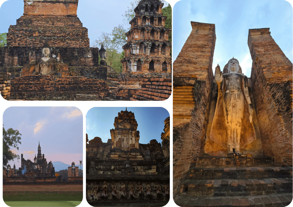 Temples du parc historique de Sukhothaï, statues de Bouddha et chedis en briques