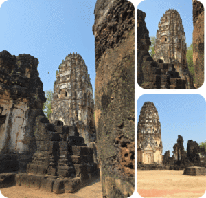 Prangs de style khmer sous différents angles à Wat Phra Phai Luang, parc historique de Sukhothaï
